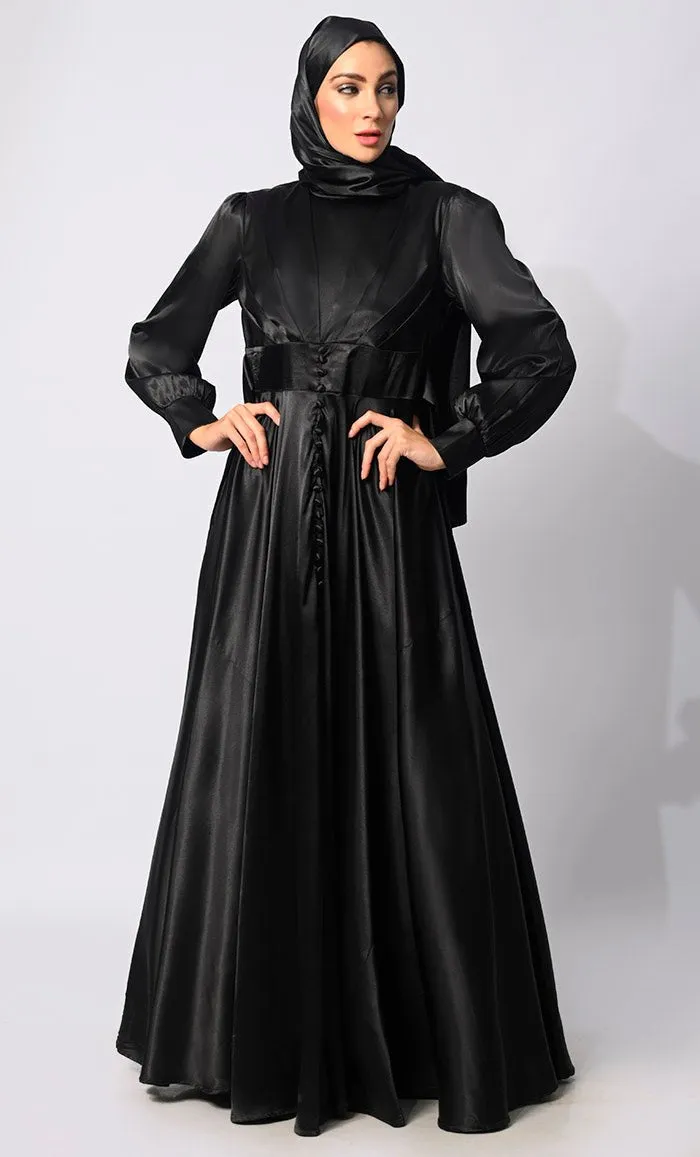Contemporary Couture: Black Satin Flared Abaya with front Pleating and show Buttons - Final Sale