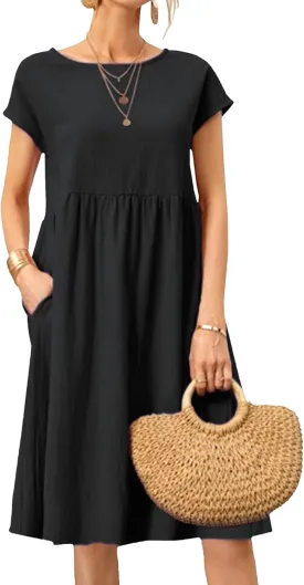 Cotton Dresses for Women Summer Short Sleeve T-Shirt Dress Casual Loose Fit Crewneck Midi Dresses with Pockets
