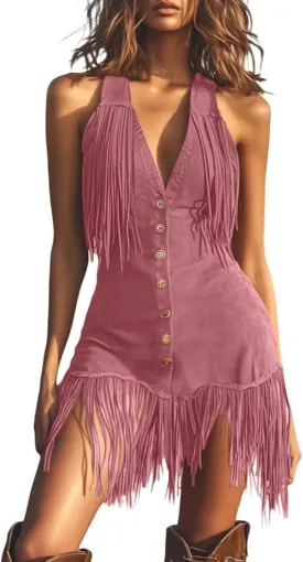 Cowgirl Dress for Women Vintage Tassel Sleeveless Front Button Sundress Western Country Concert V Neck Midi Dresses