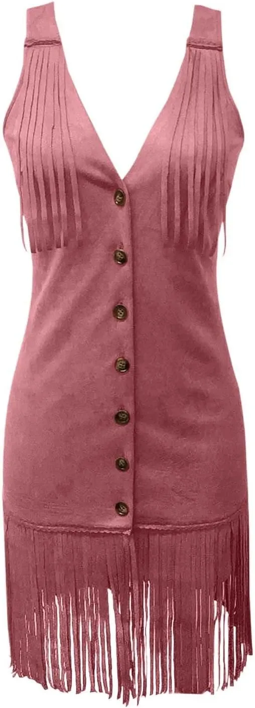 Cowgirl Dress for Women Vintage Tassel Sleeveless Front Button Sundress Western Country Concert V Neck Midi Dresses