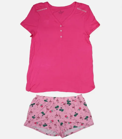 Cuddl Duds T-Shirt Top and Flamingo Print Shorts 2-Piece Pajama Set, Large