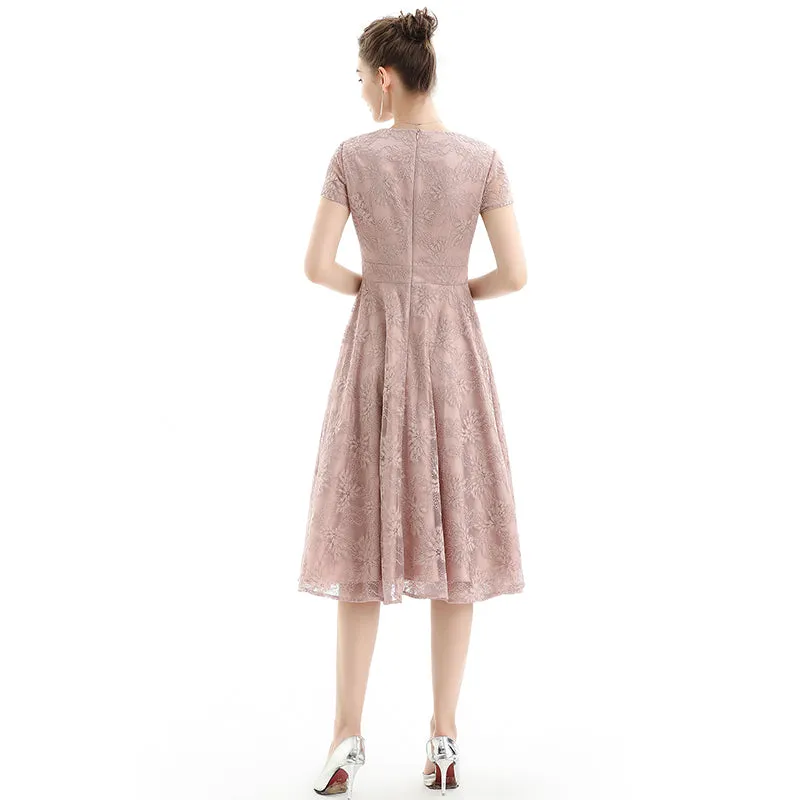 D062-1 Women floral lace V neck cap sleeves flared midi evening dress