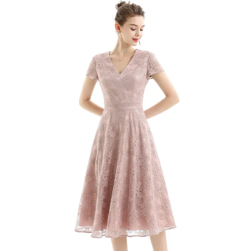 D062-1 Women floral lace V neck cap sleeves flared midi evening dress
