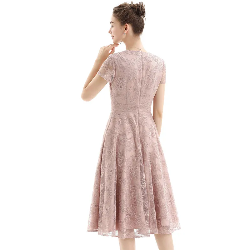 D062-1 Women floral lace V neck cap sleeves flared midi evening dress