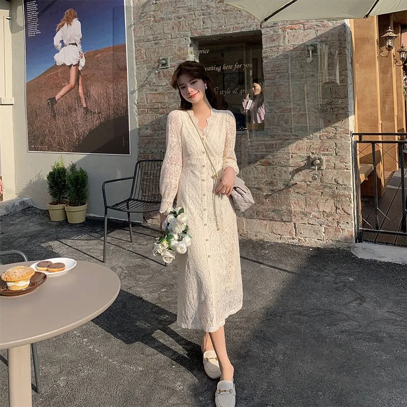 deanwangkt Elegant Lace Long Sleeve Midi Dress Winter White Women V-neck Korean Dress Spring One-piece Evening Lady Party Fairy Dress