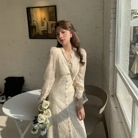 deanwangkt Elegant Lace Long Sleeve Midi Dress Winter White Women V-neck Korean Dress Spring One-piece Evening Lady Party Fairy Dress