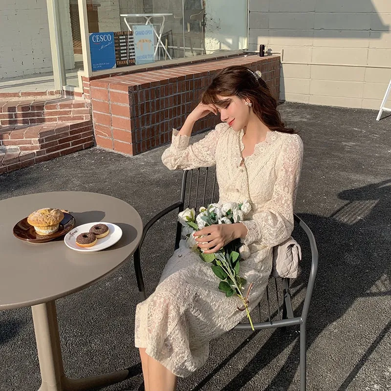 deanwangkt Elegant Lace Long Sleeve Midi Dress Winter White Women V-neck Korean Dress Spring One-piece Evening Lady Party Fairy Dress
