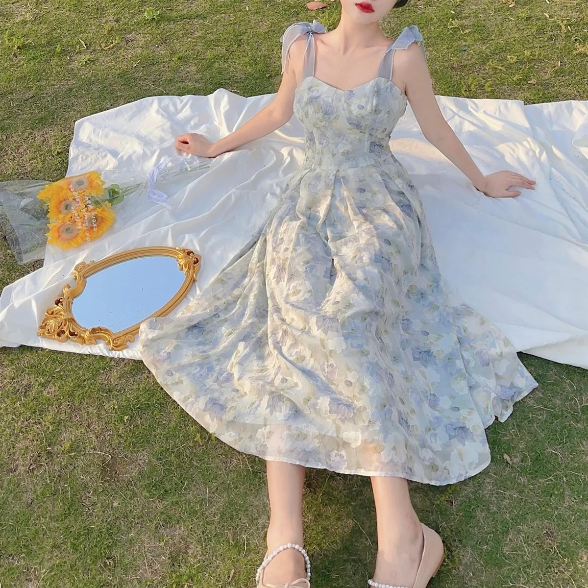 deanwangkt Elegant Long Flower Strap Dress Women Vintage Sweet Print Korean Slip Fairy Dress Casual Calssy Party Princess Dress Spring