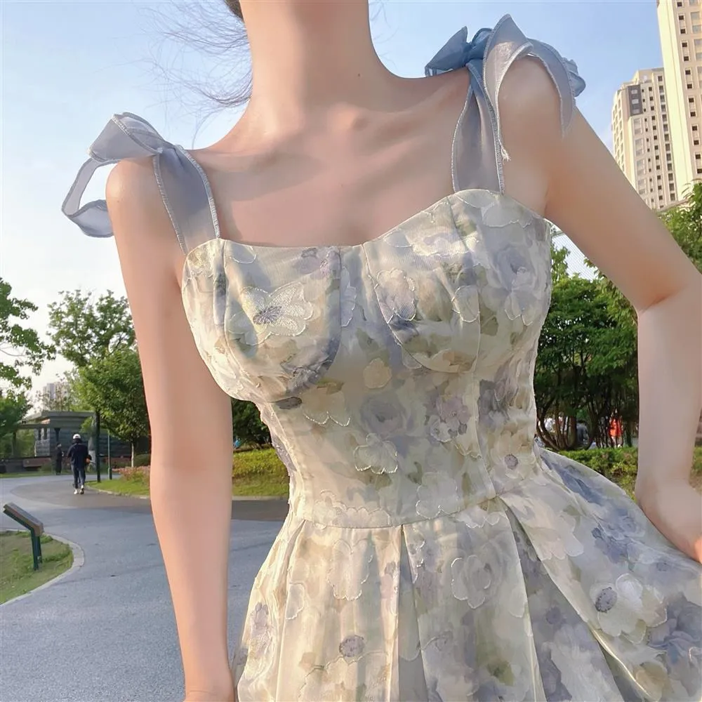 deanwangkt Elegant Long Flower Strap Dress Women Vintage Sweet Print Korean Slip Fairy Dress Casual Calssy Party Princess Dress Spring