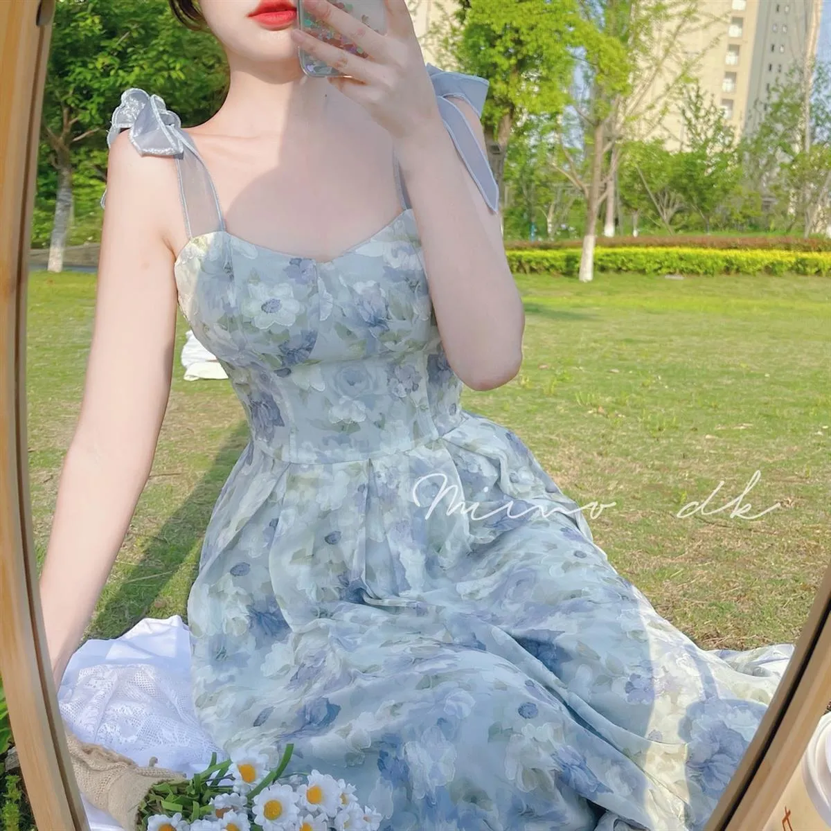 deanwangkt Elegant Long Flower Strap Dress Women Vintage Sweet Print Korean Slip Fairy Dress Casual Calssy Party Princess Dress Spring