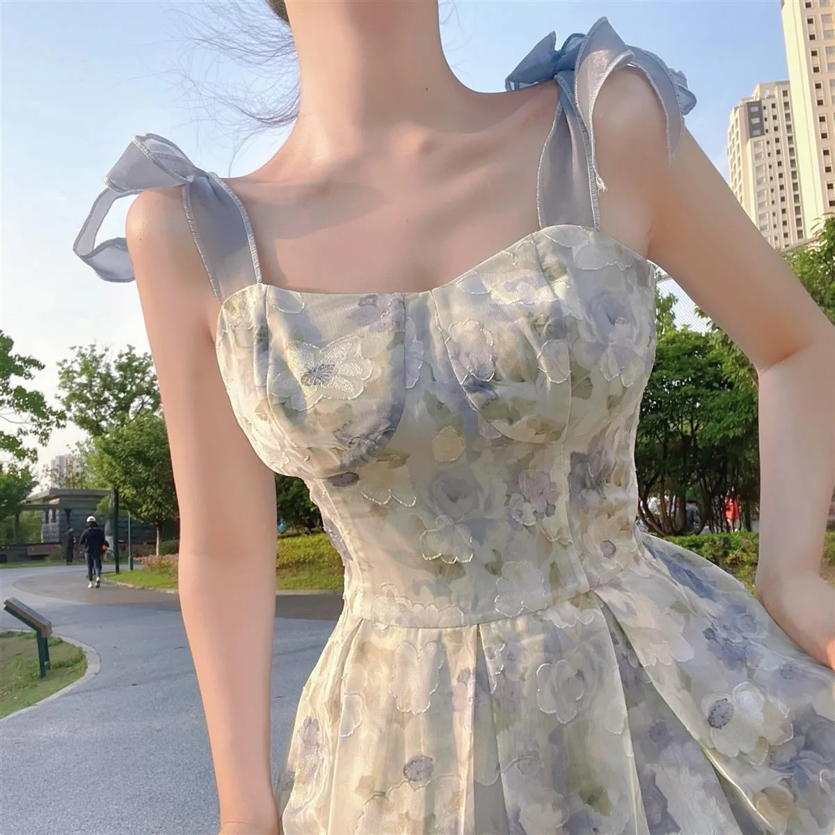 deanwangkt Elegant Long Flower Strap Dress Women Vintage Sweet Print Korean Slip Fairy Dress Casual Calssy Party Princess Dress Spring