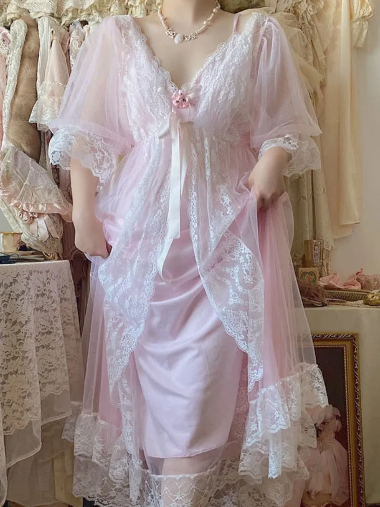 deanwangkt Summer Pink France Vintage Fairy Dress Women Lace Sexy Sweet Elegant Strap Dress Female Flower Chiffon Korean Long Dresses