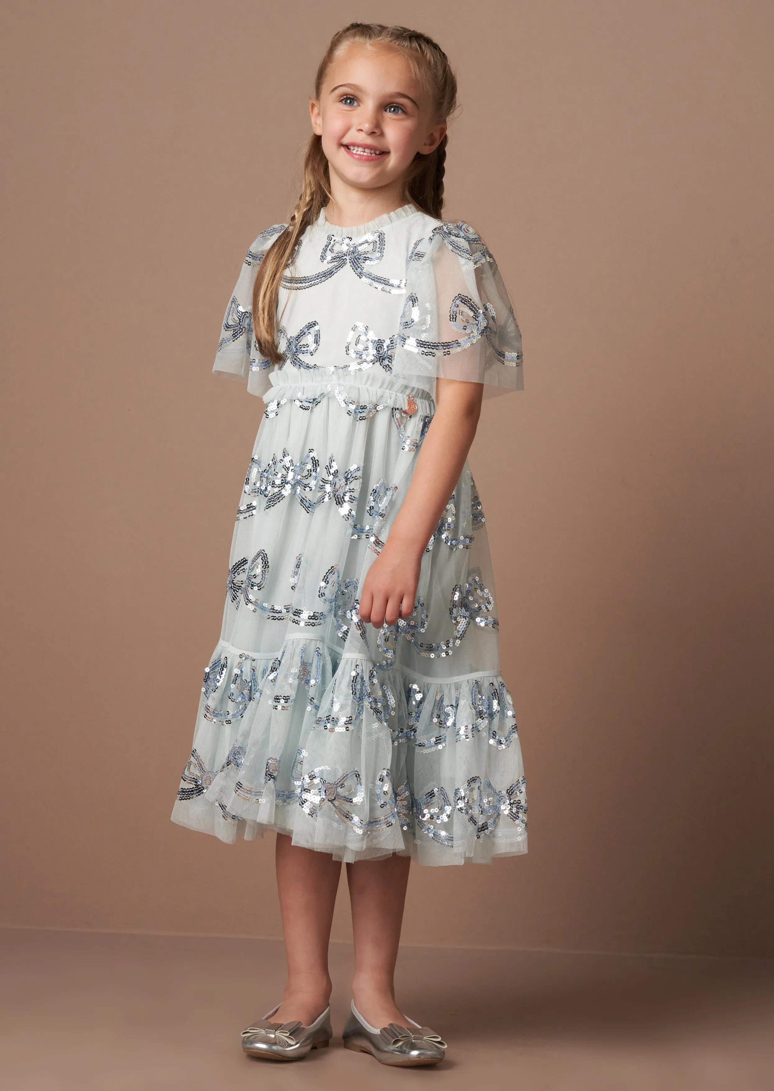 Delta Blue Sequin Bow Mesh Dress