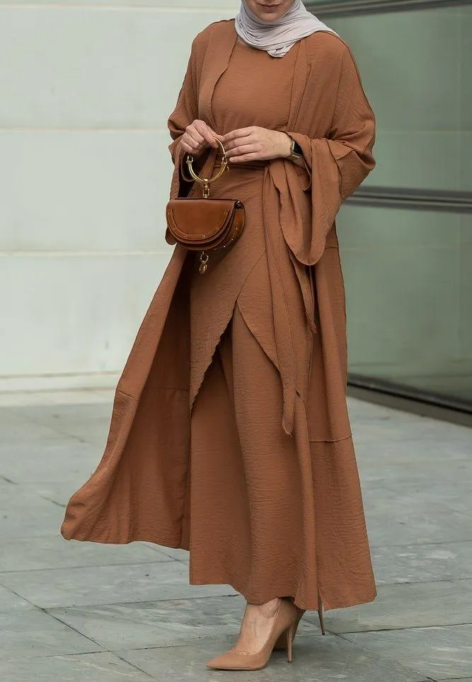 Deluna three piece maxi lightweight abaya in rustic brown