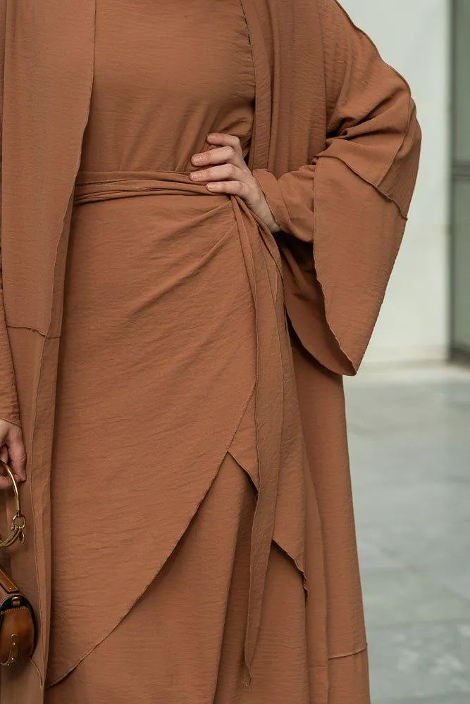 Deluna three piece maxi lightweight abaya in rustic brown