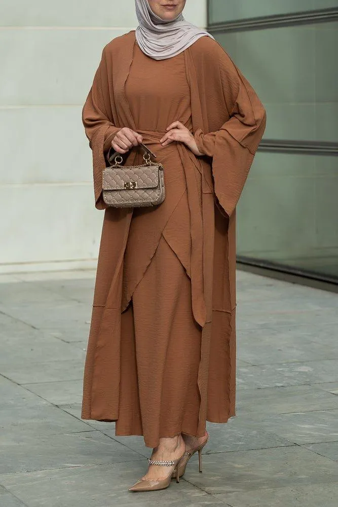 Deluna three piece maxi lightweight abaya in rustic brown