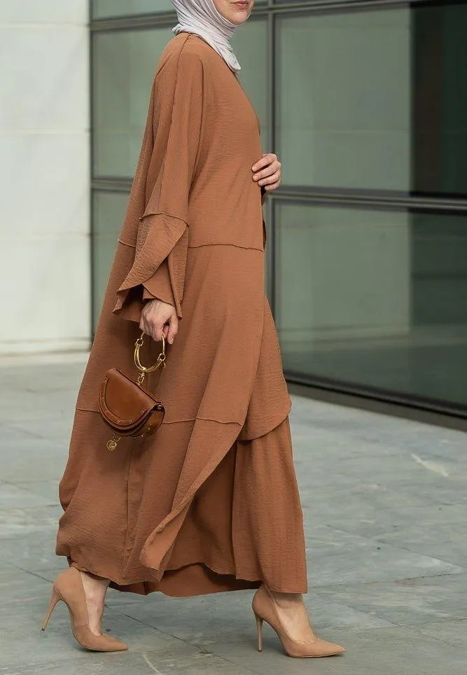 Deluna three piece maxi lightweight abaya in rustic brown
