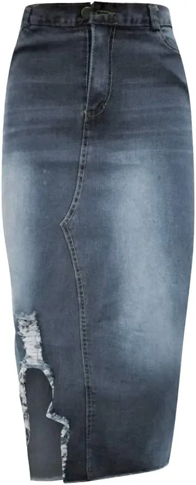 Denim Midi Skirt High Waist Front Split Hole Tassel Slim Stretchy Casual Pencil Jean Skirts with Pockets Streetwear