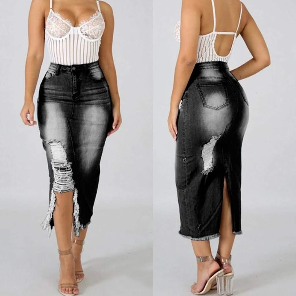 Denim Midi Skirt High Waist Front Split Hole Tassel Slim Stretchy Casual Pencil Jean Skirts with Pockets Streetwear