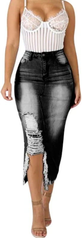Denim Midi Skirt High Waist Front Split Hole Tassel Slim Stretchy Casual Pencil Jean Skirts with Pockets Streetwear