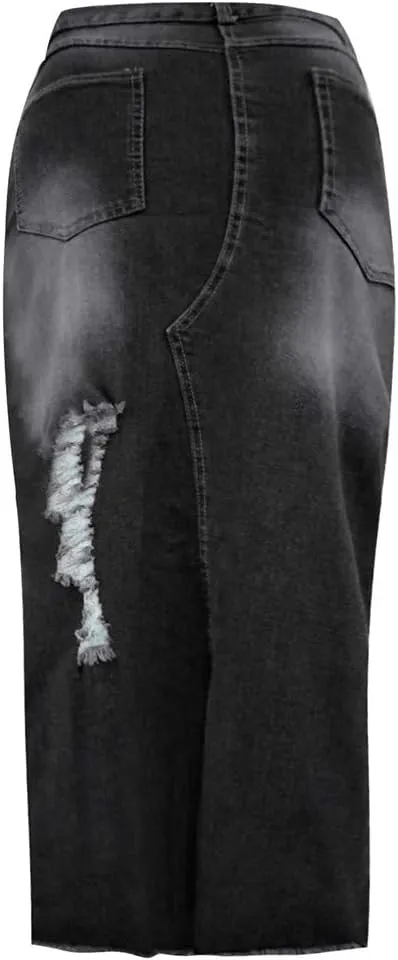 Denim Midi Skirt High Waist Front Split Hole Tassel Slim Stretchy Casual Pencil Jean Skirts with Pockets Streetwear