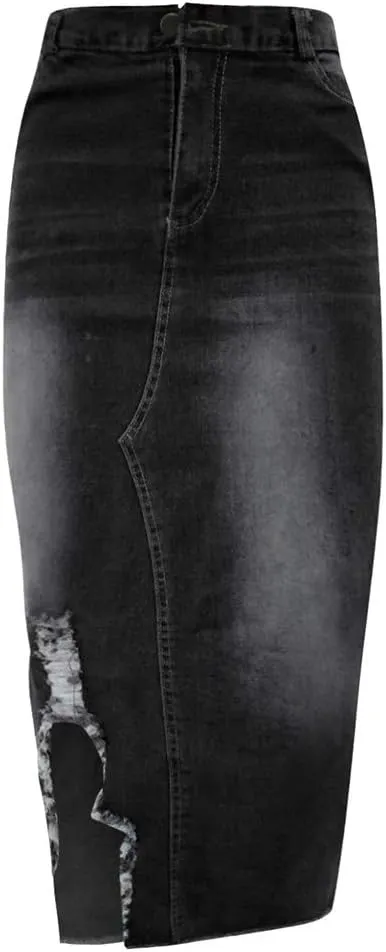 Denim Midi Skirt High Waist Front Split Hole Tassel Slim Stretchy Casual Pencil Jean Skirts with Pockets Streetwear