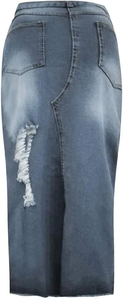 Denim Midi Skirt High Waist Front Split Hole Tassel Slim Stretchy Casual Pencil Jean Skirts with Pockets Streetwear