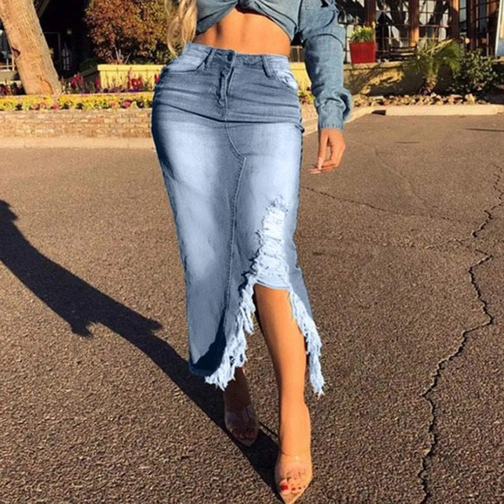 Denim Midi Skirt High Waist Front Split Hole Tassel Slim Stretchy Casual Pencil Jean Skirts with Pockets Streetwear