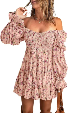 Dokotoo Womens 2025 Spring Summer Dresses Elegant Off The Shoulder V Neck Long Sleeve Ruffle Flowy Mini Short Skater Dresses