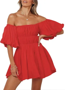 Dokotoo Womens Off The Shoulder Summer Dresses 2025 Short Lantern Sleeve Ruffle Elastic Waist A-Line Casual Mini Dress