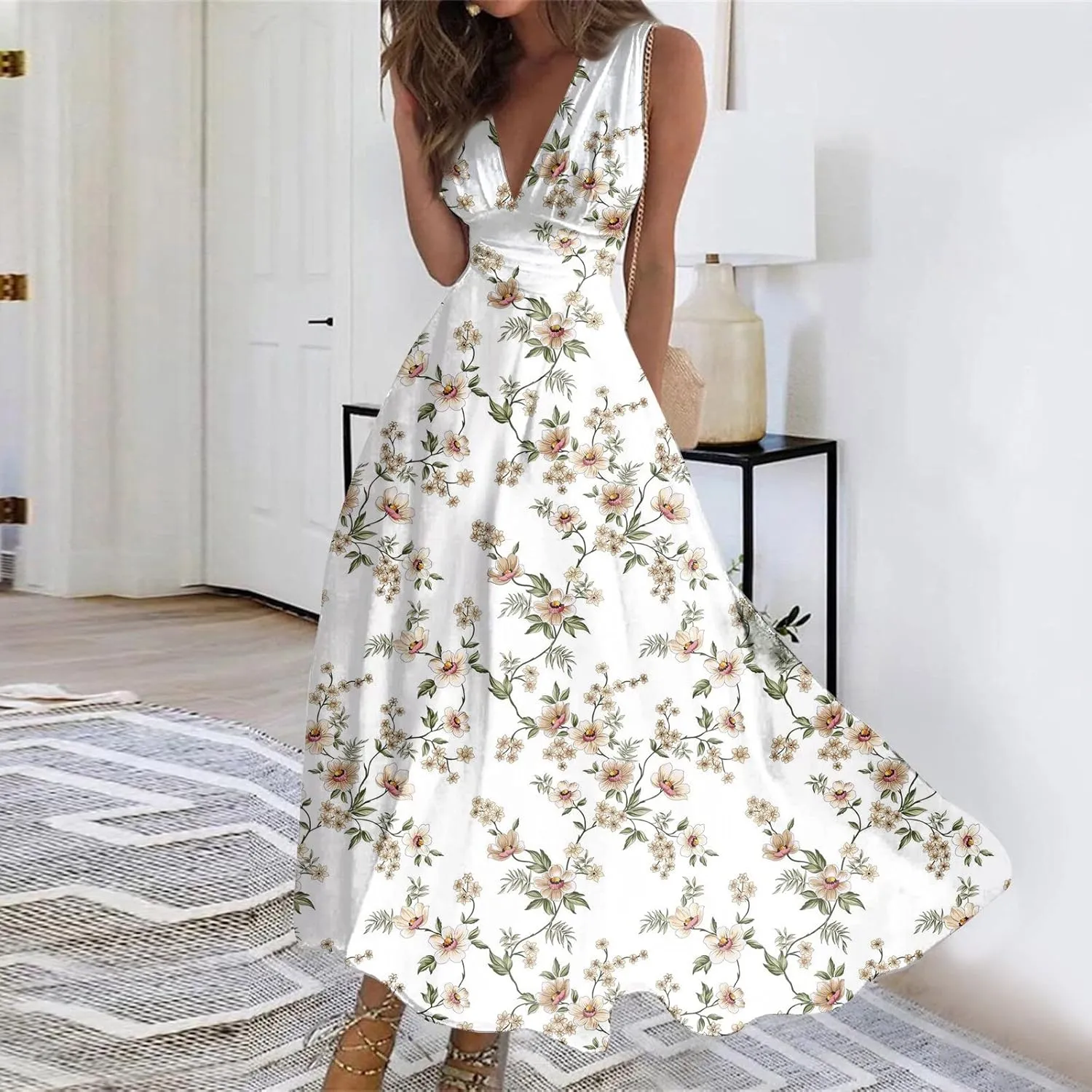 Dresses for Women 2024 Flowy Ruched Floral Print Boho Dress Sleeveless Wrap V Neck Sundresses Trendy Maxi Dress