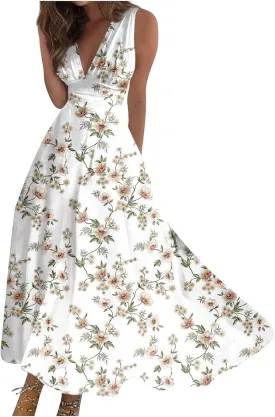 Dresses for Women 2024 Flowy Ruched Floral Print Boho Dress Sleeveless Wrap V Neck Sundresses Trendy Maxi Dress