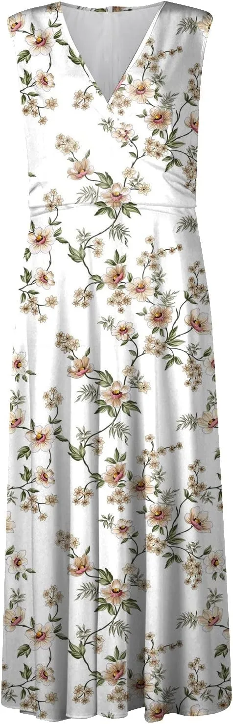 Dresses for Women 2024 Flowy Ruched Floral Print Boho Dress Sleeveless Wrap V Neck Sundresses Trendy Maxi Dress