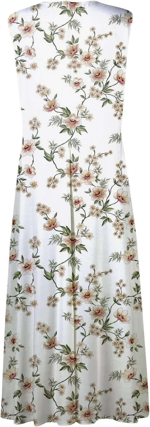 Dresses for Women 2024 Flowy Ruched Floral Print Boho Dress Sleeveless Wrap V Neck Sundresses Trendy Maxi Dress