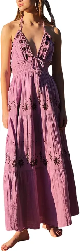 ebossy Women's Summer Boho Embroidered Daisy Maxi Dress Halter Shirred V Neck Backless Flowy Vacation Beach Sundress