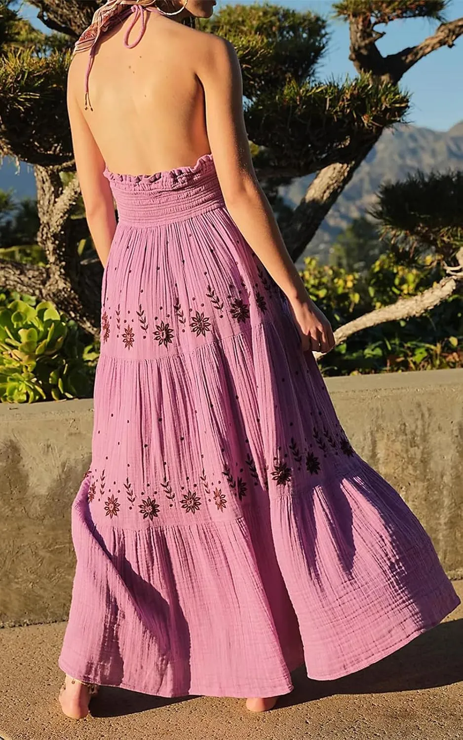 ebossy Women's Summer Boho Embroidered Daisy Maxi Dress Halter Shirred V Neck Backless Flowy Vacation Beach Sundress
