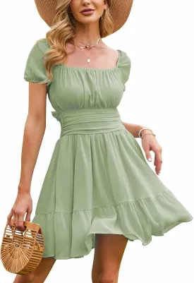 EXLURA Women's 2025 Summer Short Puff Sleeve Casual Short Mini Dresses Tie Back Square Neck A-Line Sundress