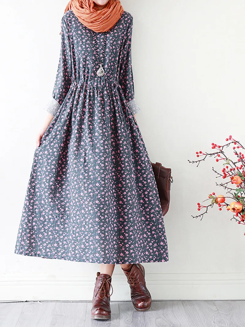 Floral Cotton Dress Loose Casual Pluz Size long-sleeved A-Line dress
