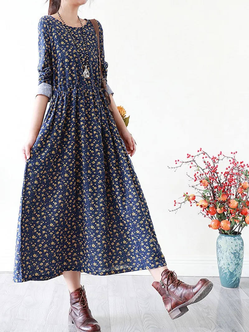 Floral Cotton Dress Loose Casual Pluz Size long-sleeved A-Line dress