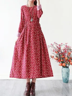 Floral Cotton Dress Loose Casual Pluz Size long-sleeved A-Line dress