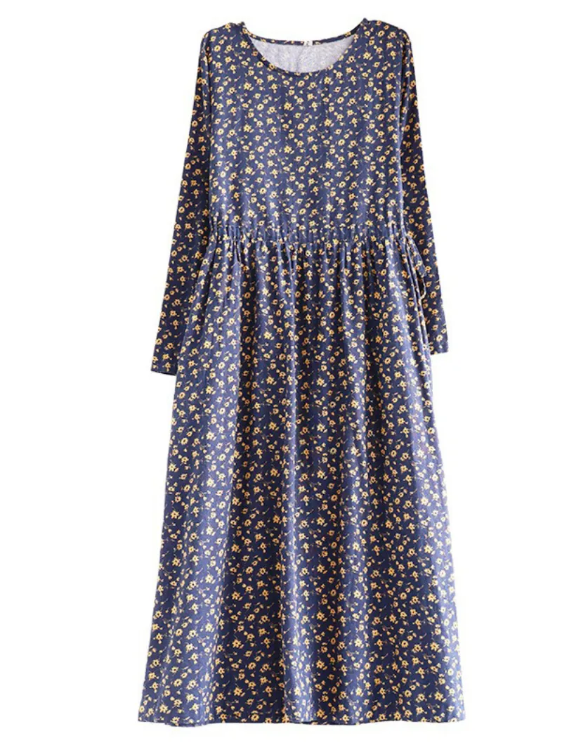 Floral Cotton Dress Loose Casual Pluz Size long-sleeved A-Line dress