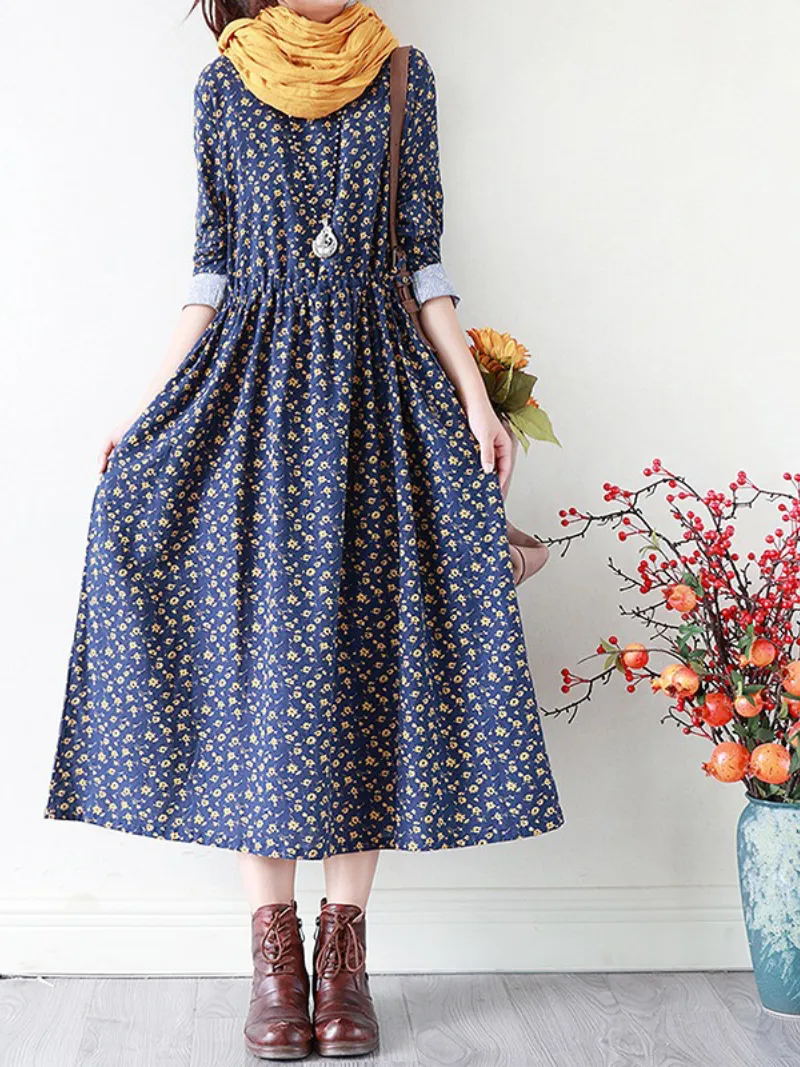 Floral Cotton Dress Loose Casual Pluz Size long-sleeved A-Line dress