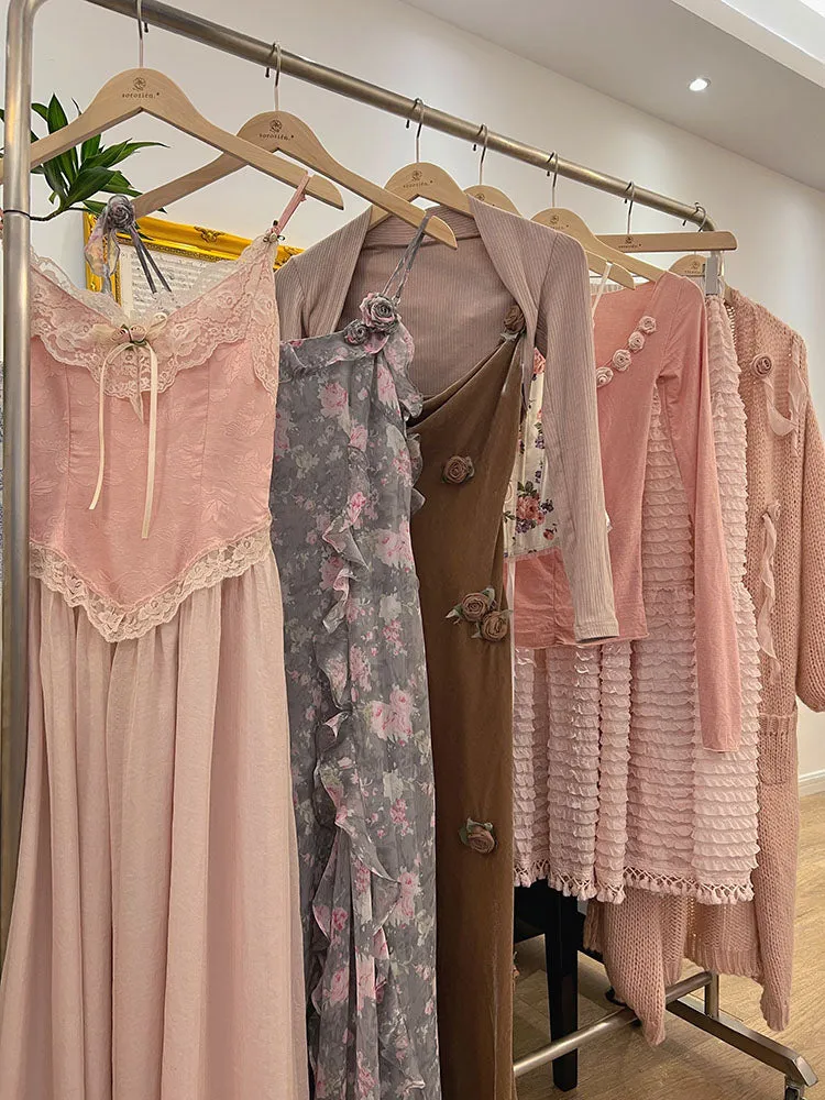 Floral Vintage Elegant Strap Dress Women Lace France Sexy Evening Party Long Dresses Pink Sweet Princess Fairy Dress Summer