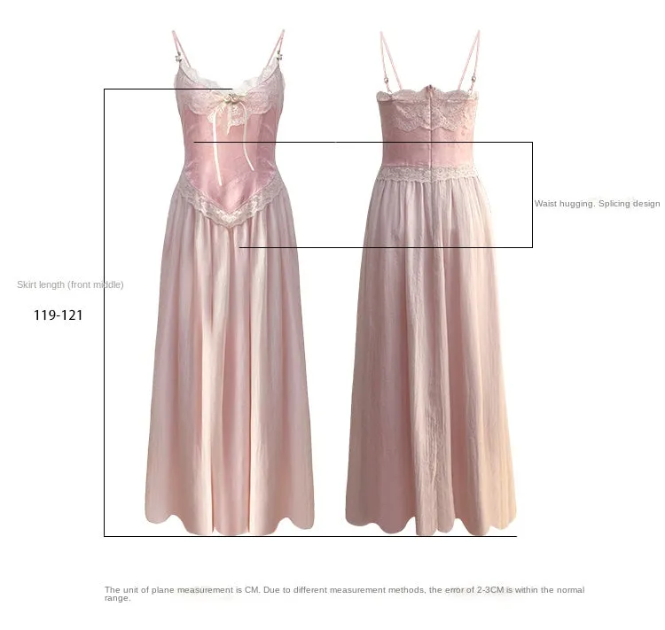 Floral Vintage Elegant Strap Dress Women Lace France Sexy Evening Party Long Dresses Pink Sweet Princess Fairy Dress Summer