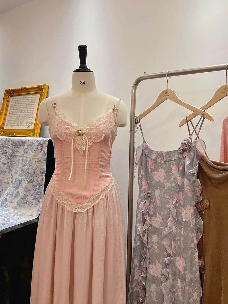 Floral Vintage Elegant Strap Dress Women Lace France Sexy Evening Party Long Dresses Pink Sweet Princess Fairy Dress Summer