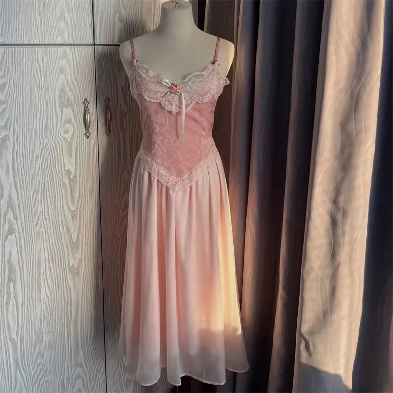 Floral Vintage Elegant Strap Dress Women Lace France Sexy Evening Party Long Dresses Pink Sweet Princess Fairy Dress Summer