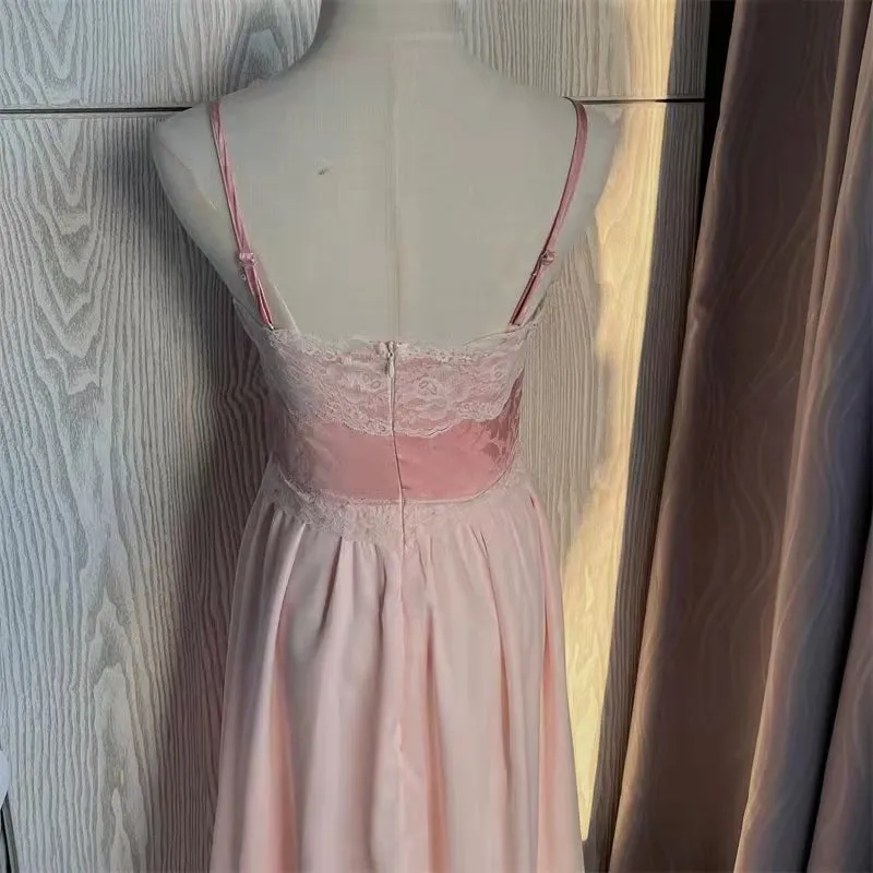 Floral Vintage Elegant Strap Dress Women Lace France Sexy Evening Party Long Dresses Pink Sweet Princess Fairy Dress Summer