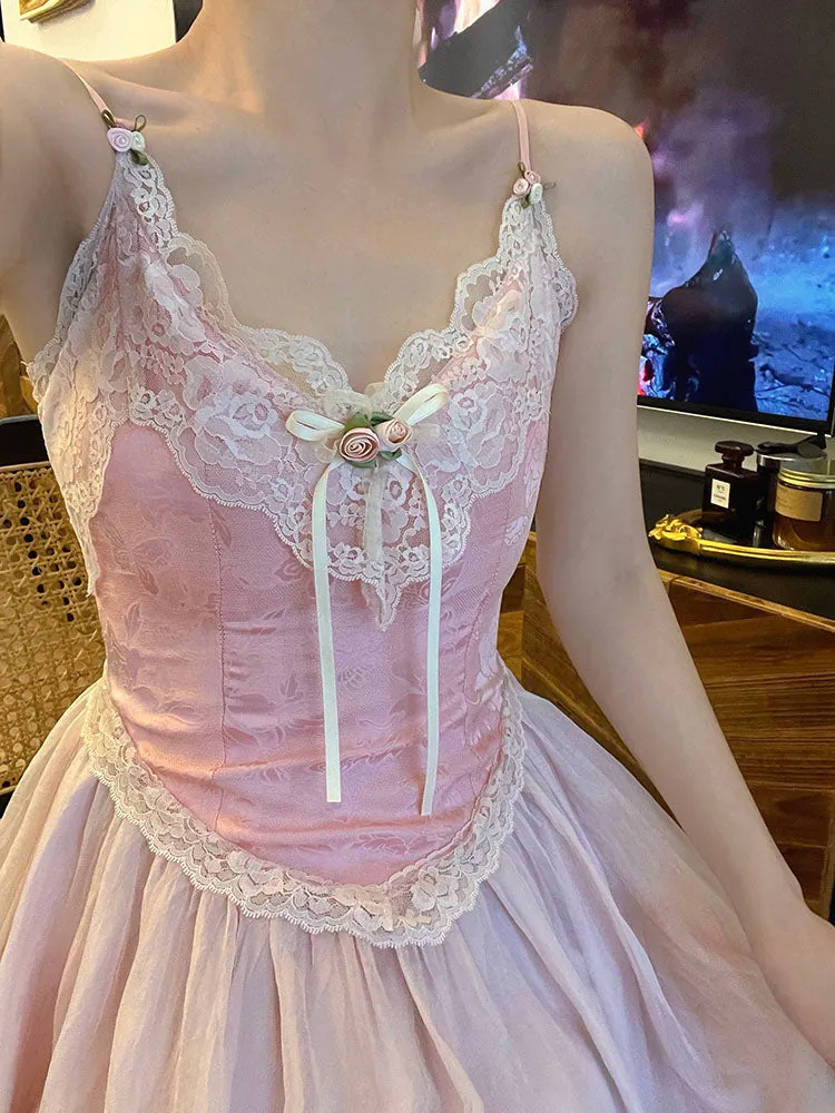 Floral Vintage Elegant Strap Dress Women Lace France Sexy Evening Party Long Dresses Pink Sweet Princess Fairy Dress Summer