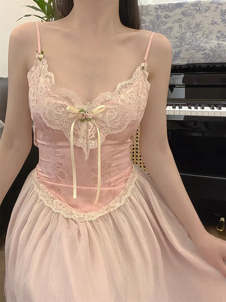 Floral Vintage Elegant Strap Dress Women Lace France Sexy Evening Party Long Dresses Pink Sweet Princess Fairy Dress Summer
