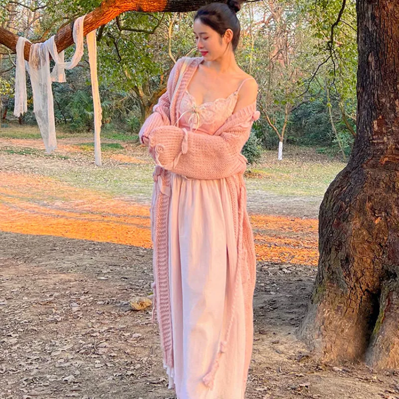 Floral Vintage Elegant Strap Dress Women Lace France Sexy Evening Party Long Dresses Pink Sweet Princess Fairy Dress Summer
